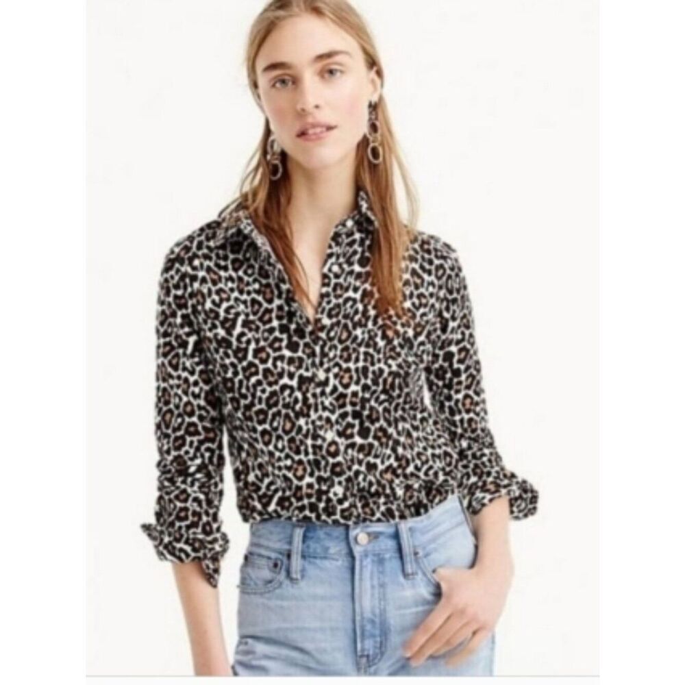 NWOT J. Crew Perfect Shirt in Leopard Print Linen/Cotton Blend in Size 0